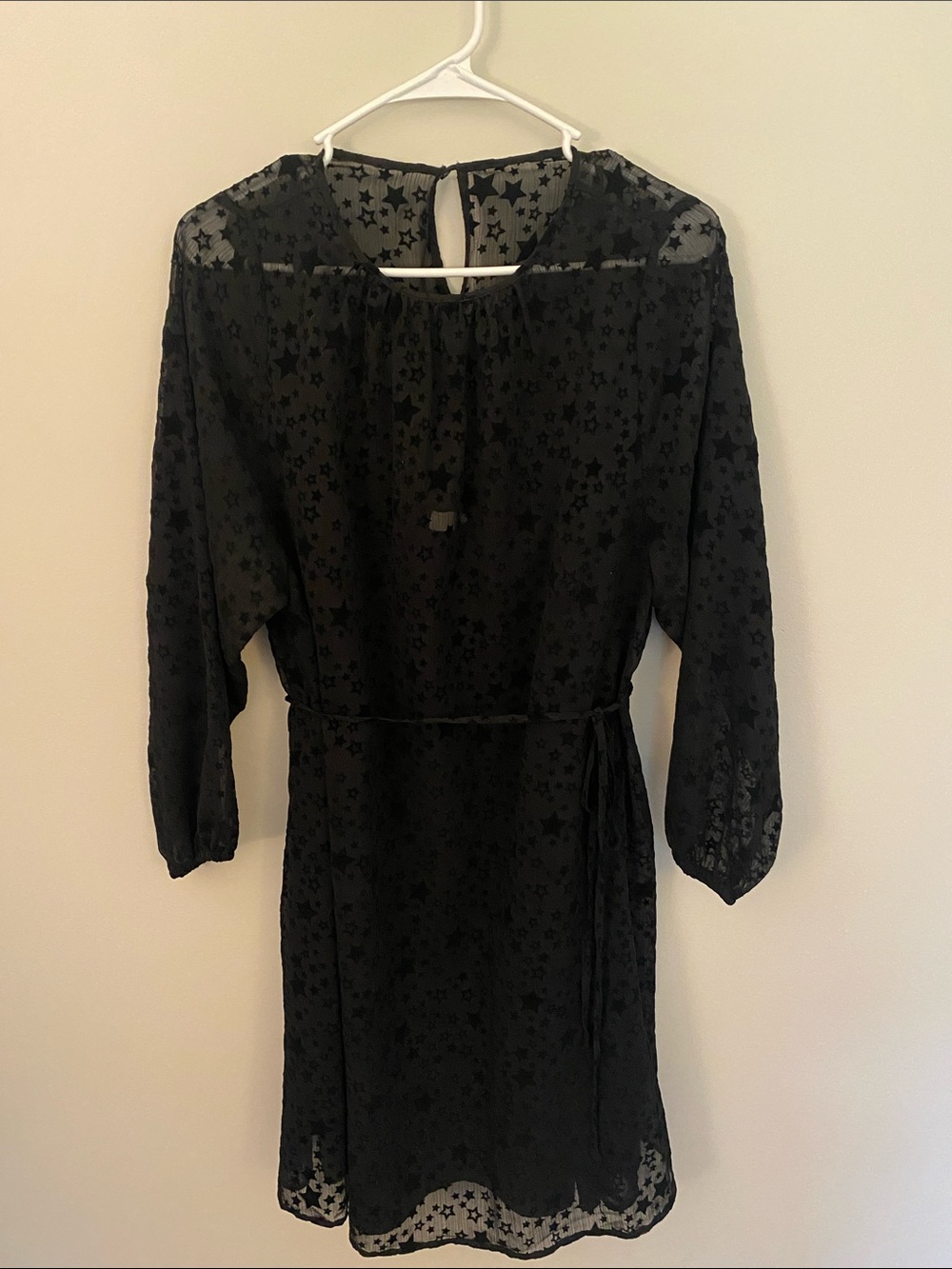 LOFT Black Star-Print Sheer Long-Sleeve Dress with Tie Waist